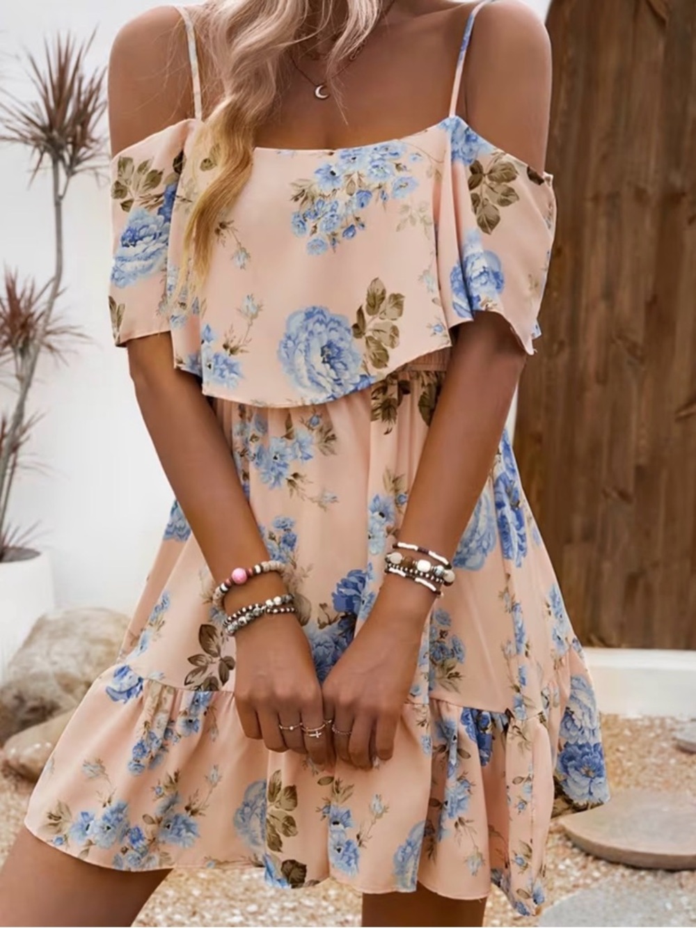 SHEIN Vacay pink floral Off-Shoulder Mini Dress with Blue Floral Print